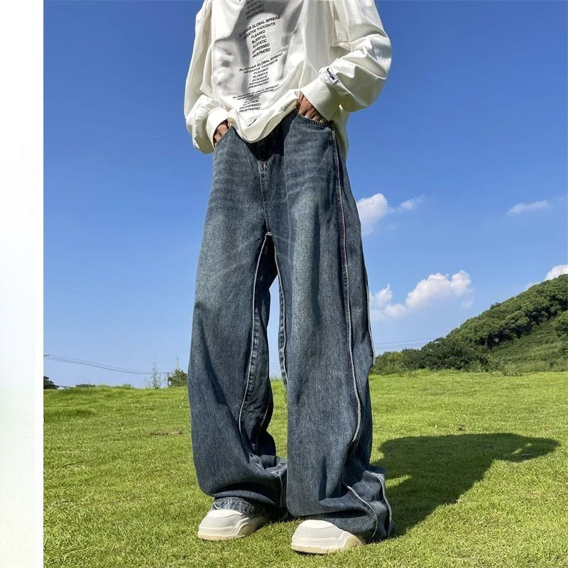 American High Street Jeans Men's Striped Patchwork Denim Pants Summer Loose Straight High-end Retro Versatile Wide-leg Trousers