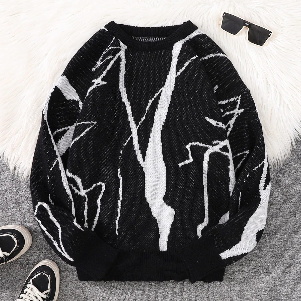 New Popular Autumn and Winter Abstract Crack Graffiti Jacquard Pattern Pullover Sweater Casual Round Neck Knitted Men's Pullover