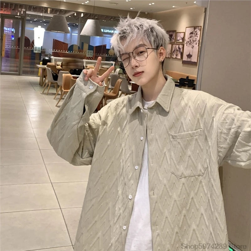 Autumn Winter Geometry Long-sleeved Shirt Men Fashion Social Mens Shirts Korean Loose Casual Blouse Men Oversized 5XL-M