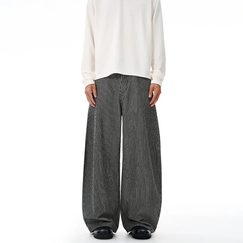 Autumn New Striped Jeans Men's Retro Wash Loose Wide-leg Denim Pants American High Street Fashion Cotton Casual Trousers