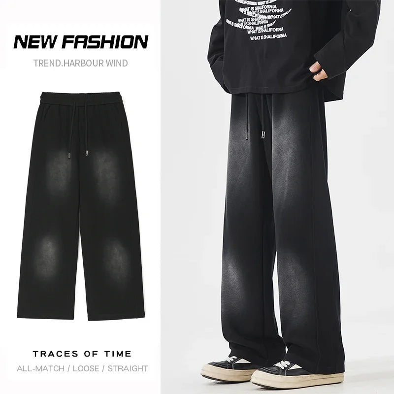 Autumn New Fashion Korean Men's Casual Pants Distressed Classic Black Baggy Straight Trousers Sweatpants Streetwear Male Clothes