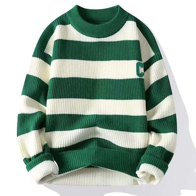 Autumn/Winter Men's Pullover Round Neck Loose Striped Contrast Letter Warm and Thick Casual Fashion Elegant Commuting Knitwear
