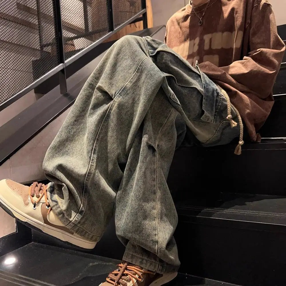 High street hip-hop men and women trendy personality large pocket straight leg washed denim jeans couple retro casual pants y2k