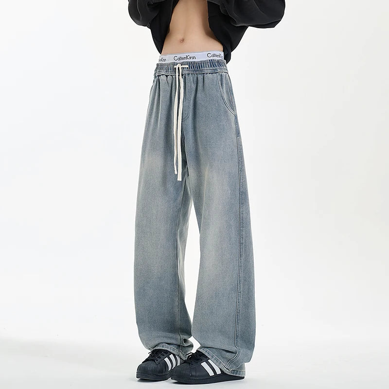 New Men's Jeans Washed Jeans Pants Unisex Drawstring Denim Pants Male Streetwear Korean Straight cylinder loose Cowboy Trousers