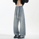 New Men's Jeans Washed Jeans Pants Unisex Drawstring Denim Pants Male Streetwear Korean Straight cylinder loose Cowboy Trousers