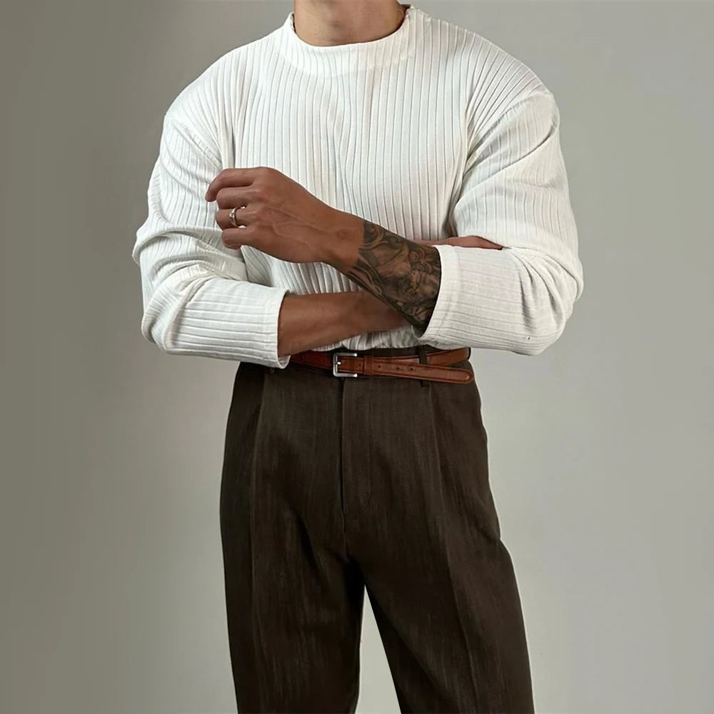 Mens Autumn Concave Convex Striped Off-Shoulder Long-Sleeved Knitted T-Shirt Gender-Neutral Casual Solid Color Loose Top Unisex