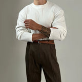 Mens Autumn Concave Convex Striped Off-Shoulder Long-Sleeved Knitted T-Shirt Gender-Neutral Casual Solid Color Loose Top Unisex