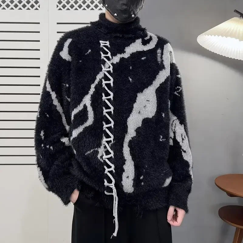 Turtleneck Sweaters Men Winter Lace-up Design Thicken Warm Pullovers Vintage Slouchy Streetwear Japanese Style Soft Personality