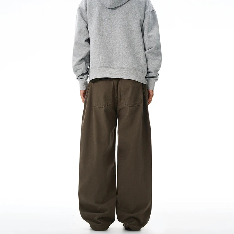 100% Pure Cotton Wide-leg Pants Men's Autumn New Oversized Comfortable Loose Casual Trousers Brown White Fashion Streetwear