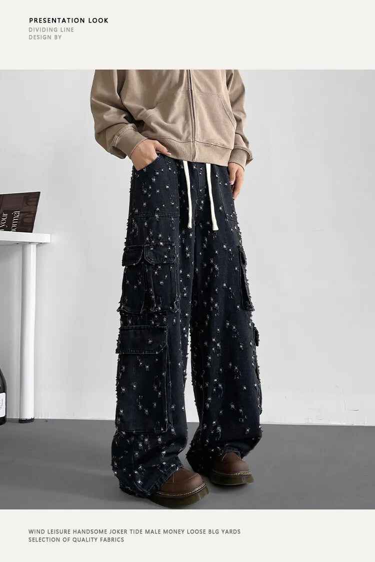 Cargo jean pants Men Wide Leg DenimLoose Straight Baggy Men's Jeans hip hop Streetwear Skateboard Neutral denim Trousers