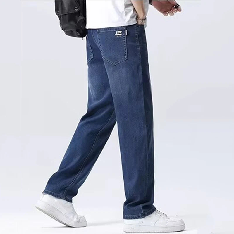 Men Comfortable Lyocell Fabric Thin Jeans Male Baggy Straight Leg Casual Denim Pants Trend Brand Daily Wide Leg Draping Trousers