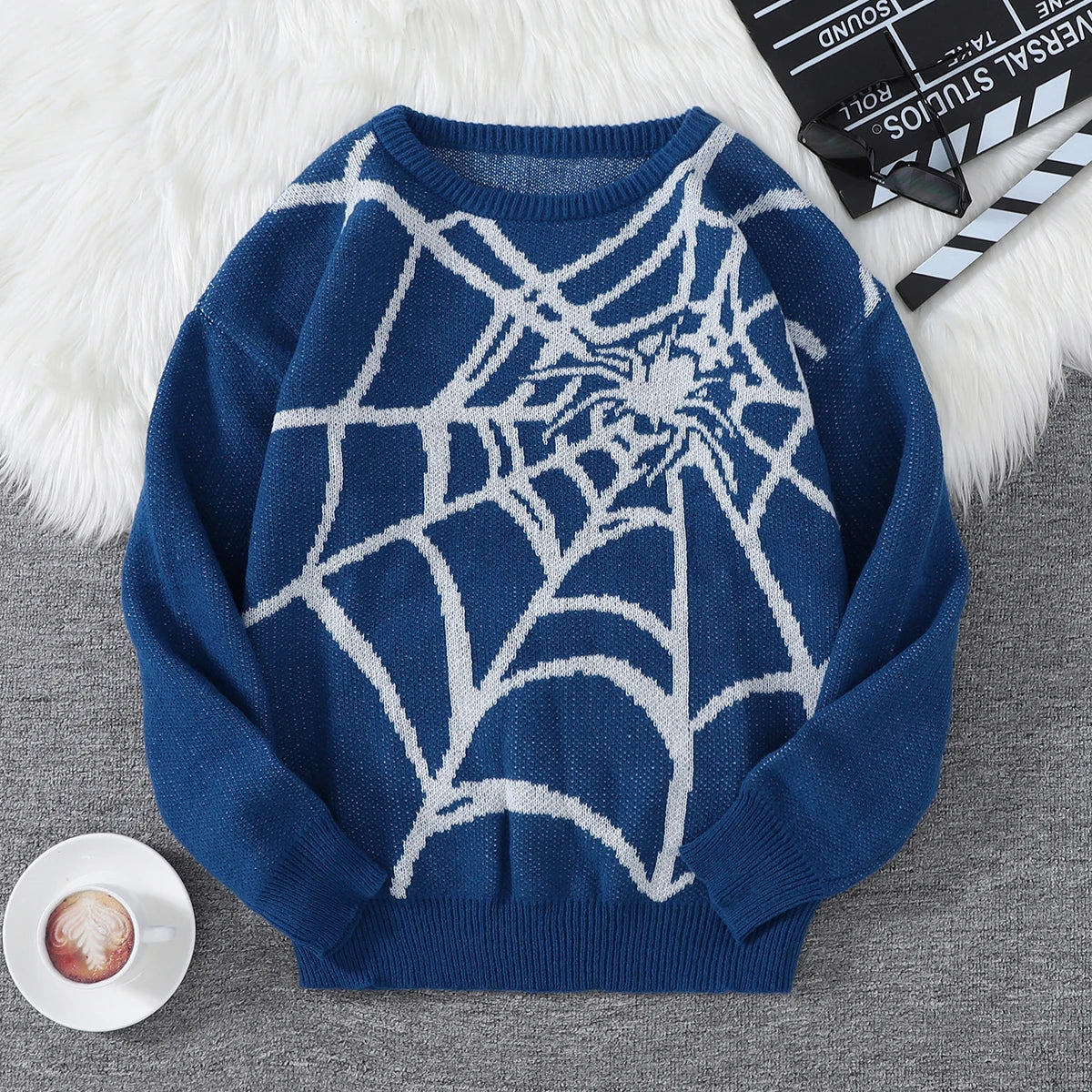 New Popular Autumn and Winter Spider Web Jacquard Pattern Pullover Sweater Casual Round Neck Knitted Men's Pullover