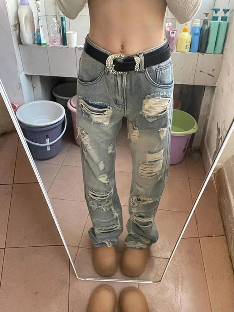 Summer American men and women street personality straight tube destructive jeans for couples loose retro washed casual pants y2k