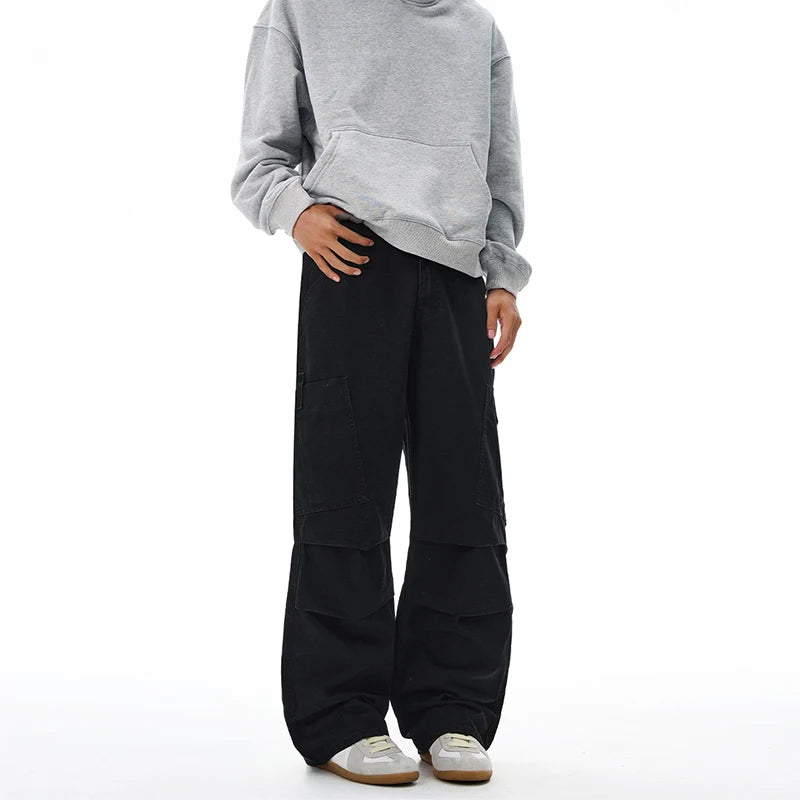 American Loose Straight Cargo Pants Men's Fashion Streetwear 100% Cotton Vintage Large Pocket Loose Casual Wide-leg Trousers