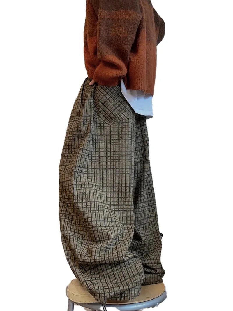 Spring Autumn Cool Oversized Long Flowy Baggy Wide Leg Pants for Mens Streetwear Loose Plaid Canvas Trousers