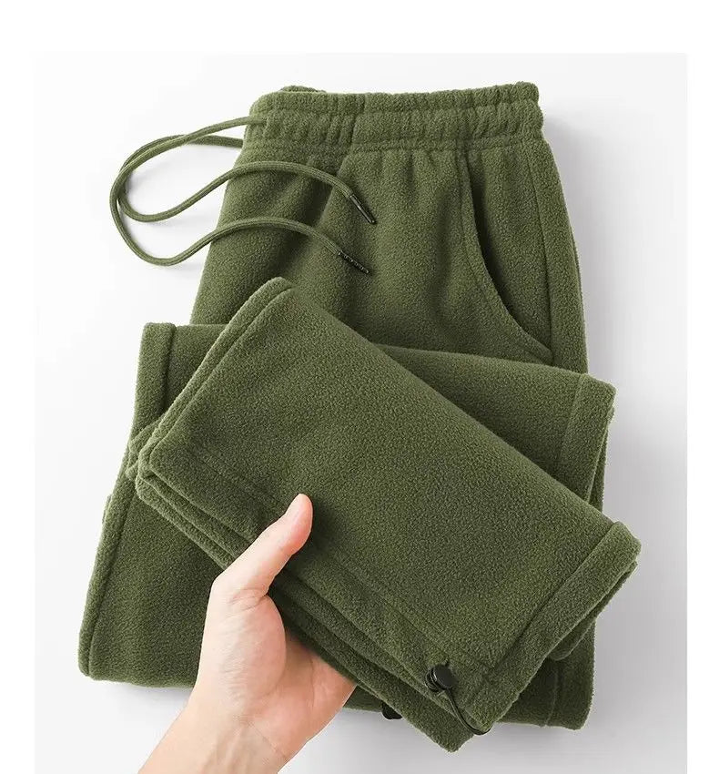 Double-sided Fleece! Retro Military Green Straight-leg Pants Women Loose Thickened Warm Drawstring Casual Wide-leg Pants Men