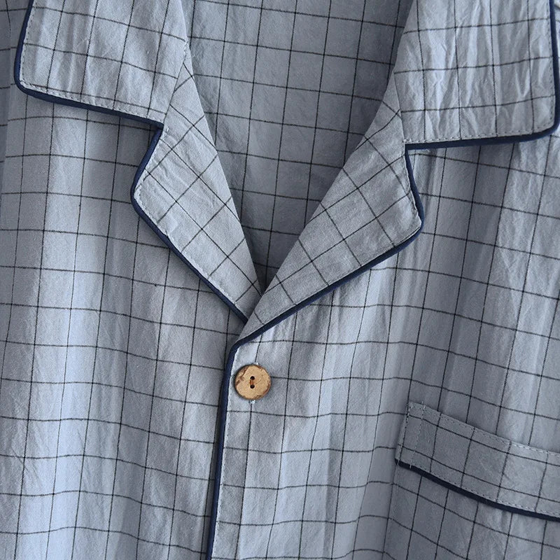 Men's Trousers Pajamas Set for Spring and Summer Thin Plaid Design Cotton Fabric Short Sleeved Long Pants Home Men Pyjama Set