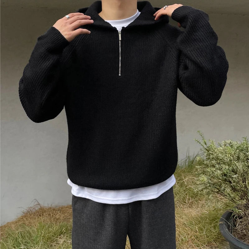 Winter Clothing Men's Luxury Knitted Zipper Hooded Pullovers Sweater Casual Streetwear Striped Solid Color Long Sleeve Hoodie