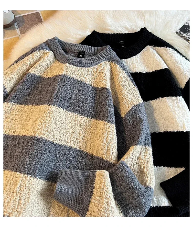 Men's New Black and White Striped Sweater Men's Autumn and Winter Loose Pullover Casual Top Men's Homestay Casual Warmth