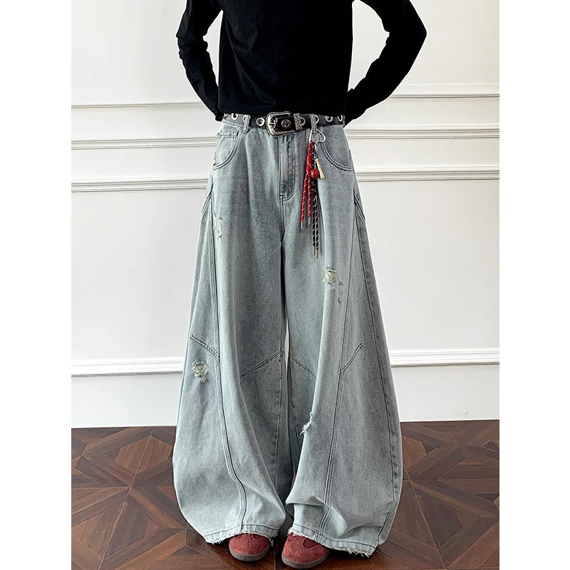 Loose Fit Jeans Men Baggy Wide Leg Denim Pants Patchwork Ripped Light Blue Wash Hip Hop Streetwear Fashion New 2025 autumn jeans