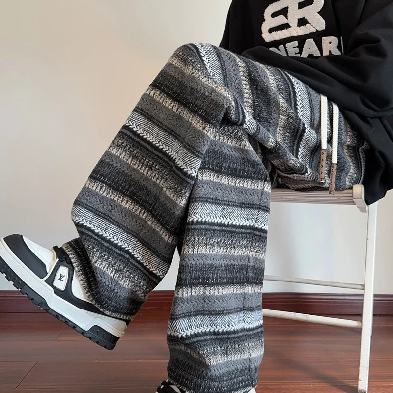 Wide Leg Pants Men Women Autumn Winter Fashion Casual Straight Pants Loose Mopping Pants Harajuku Vintage Striped Black/Coffee