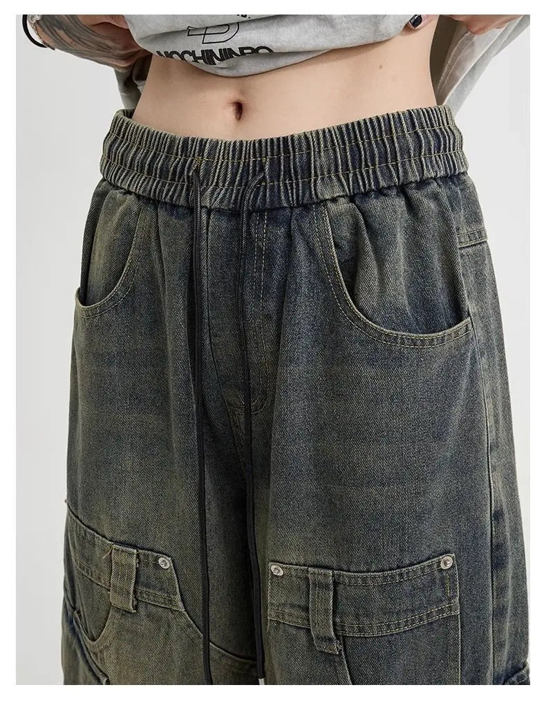 Spring High Street Men and Women Trendy Elastic Belt Work Clothes Jeans Couple Straight Tube Loose Water Washed Casual Pants y2k