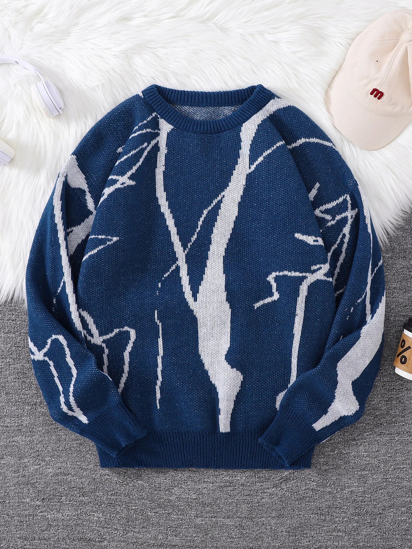 New Popular Autumn and Winter Abstract Crack Graffiti Jacquard Pattern Pullover Sweater Casual Round Neck Knitted Men's Pullover