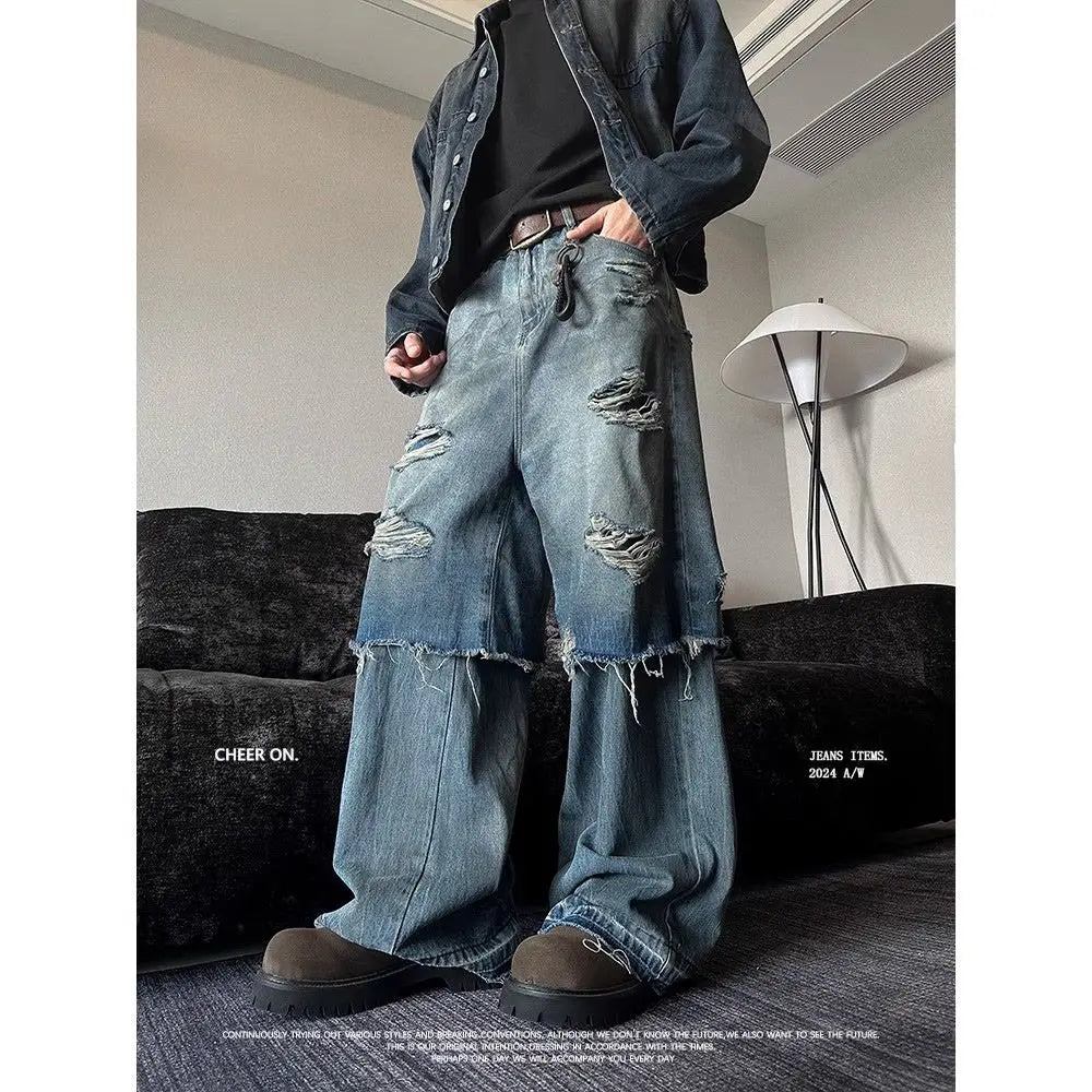 American Spring and Autumn Trendy Street Personalized Fake Two piece Straight leg Jeans Couple Loose Retro Casual Pants y2k