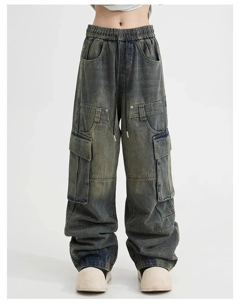 Spring High Street Men and Women Trendy Elastic Belt Work Clothes Jeans Couple Straight Tube Loose Water Washed Casual Pants y2k