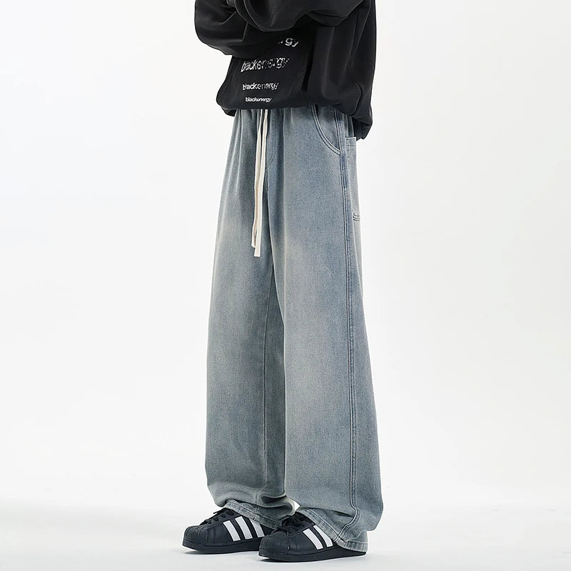 New Men's Jeans Washed Jeans Pants Unisex Drawstring Denim Pants Male Streetwear Korean Straight cylinder loose Cowboy Trousers