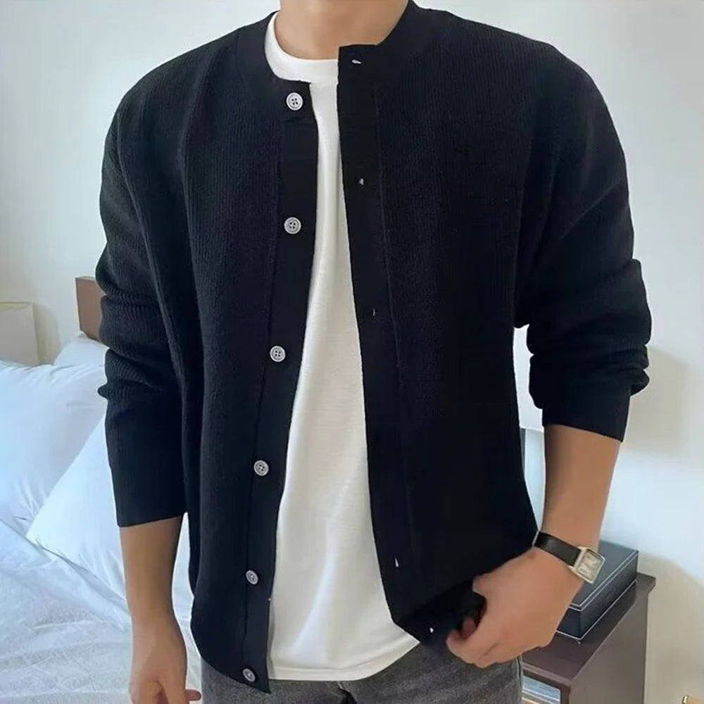 Autumn Winter New Mens Simple Sweater Cardigan American Street Fashion Round Neck Zipper Solid Color Warm Knitted Sweater Jacket