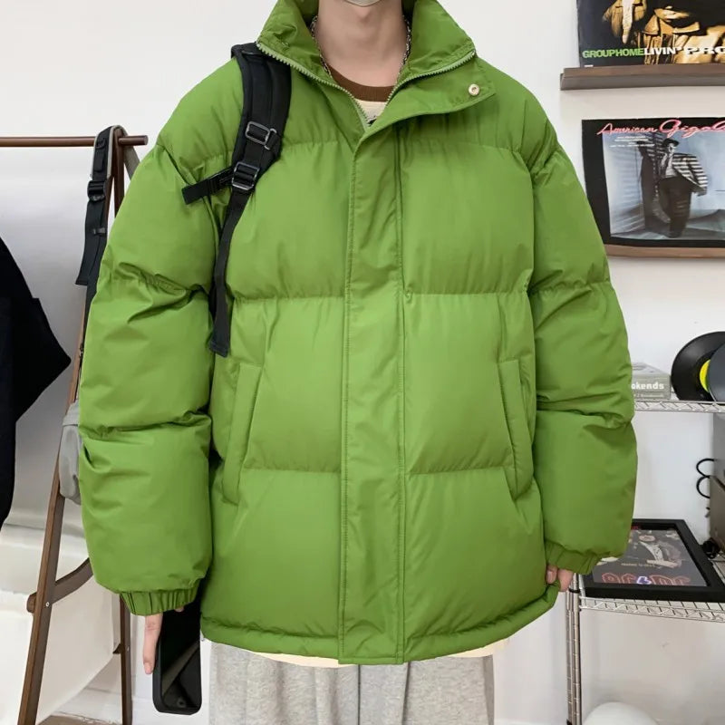 Winter Men Quilted Jackets Heavy Stand Collar Padded Coat Solid Thick Warm Windbreaker Outerwear Clothes Casual Black Khaki