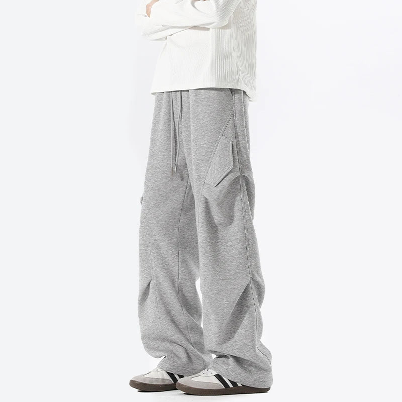 Mens Casual Pants Loose Fit Joggers Patchwork Pleated Trousers Trendy Elastic Waist Outdoor Sports Streetwear Hip Hop Trousers