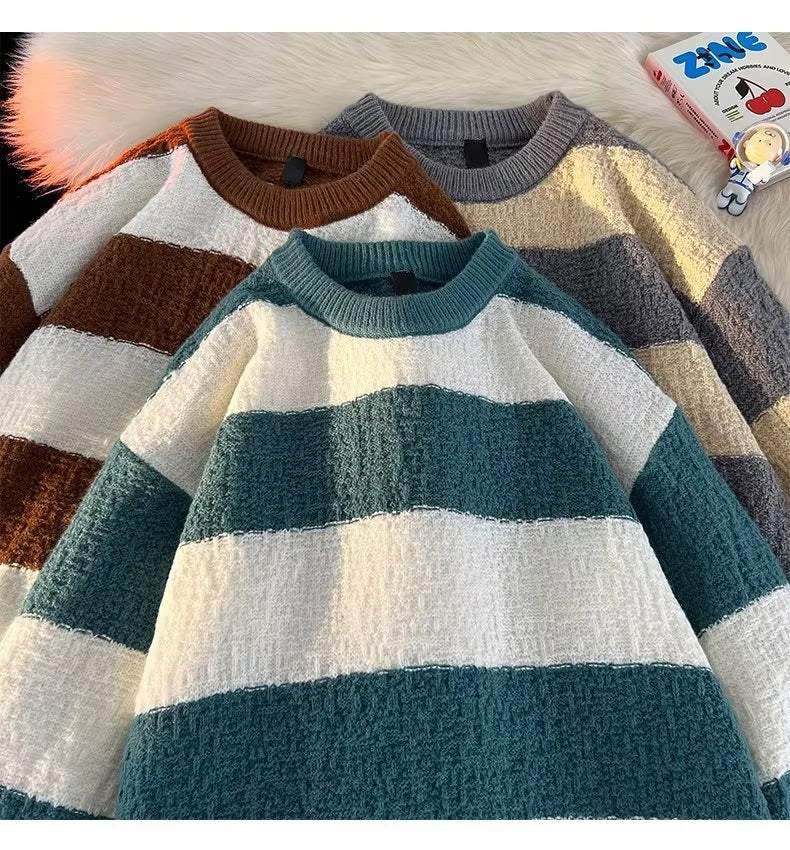 Striped Sweaters Men Fashion Loose Casual Autumn Winter Round Neck Panelled Couple Japanese Style Unisex Streetwear Knitting