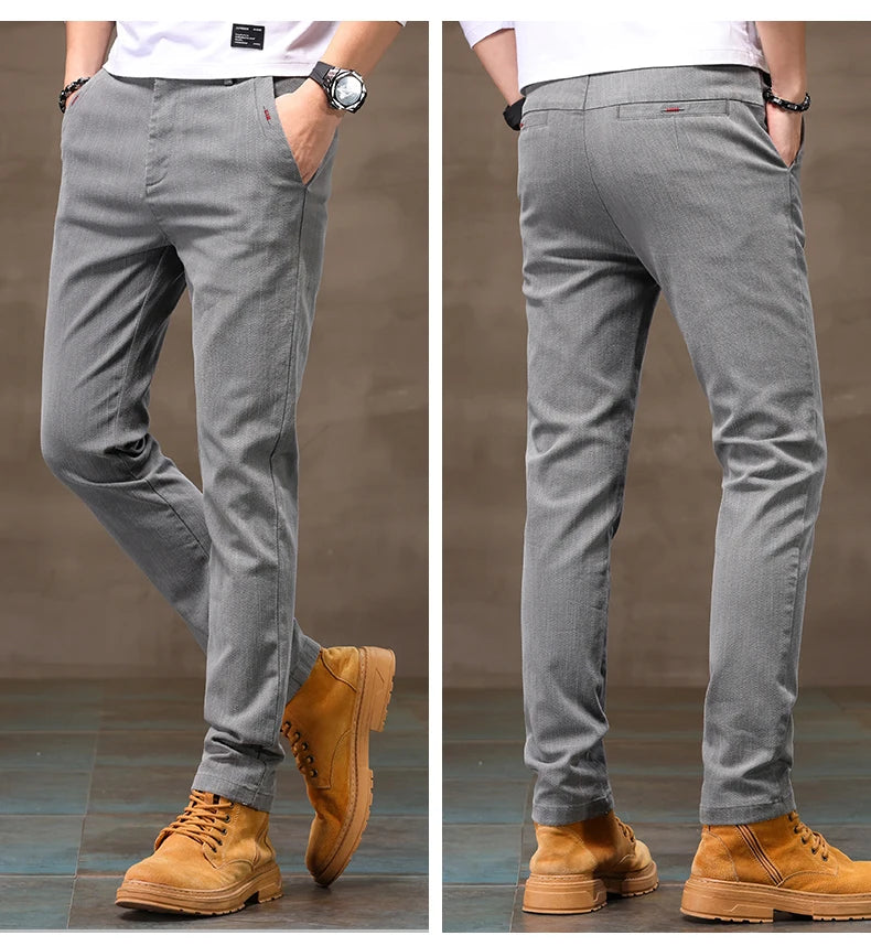 Men's Business Casual Pants Stretch Slim Fit Straight Semi-elastic Waist Trousers Solid Classic Office Work Male Clothing