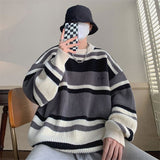 Autumn Winter New Round Neck Long Sleeve Embroidered Sweater Men Fashion Contrast Color Striped Loose Casual All-match Tops