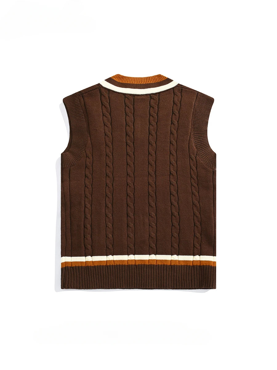 Men's British Retro College Style Color Block V-neck Sleeveless Knitted Vests Autumn Winter Versatile Layered Sweater Waistcoat