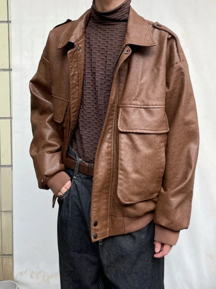 Mens Jacket Japanese Style Autumn Daily Casual Rib Sleeve Warm Streetwear All-match Outerwear Solid Color Multi Pockets Retro