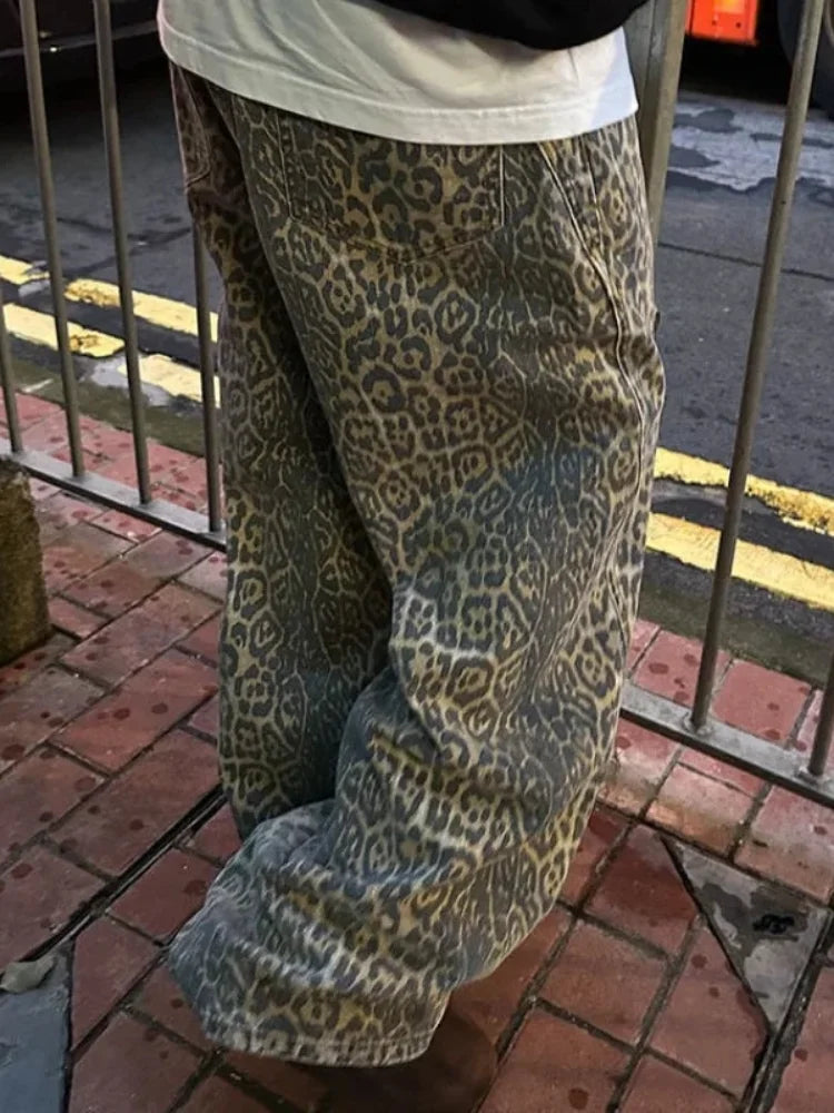 Y2k Leopard Jeans Pants Men Oversized Panther Print Jean Wide Leg Pant Fashion Trendy Retro Loose Man Hipop Baggy Jean Trousers