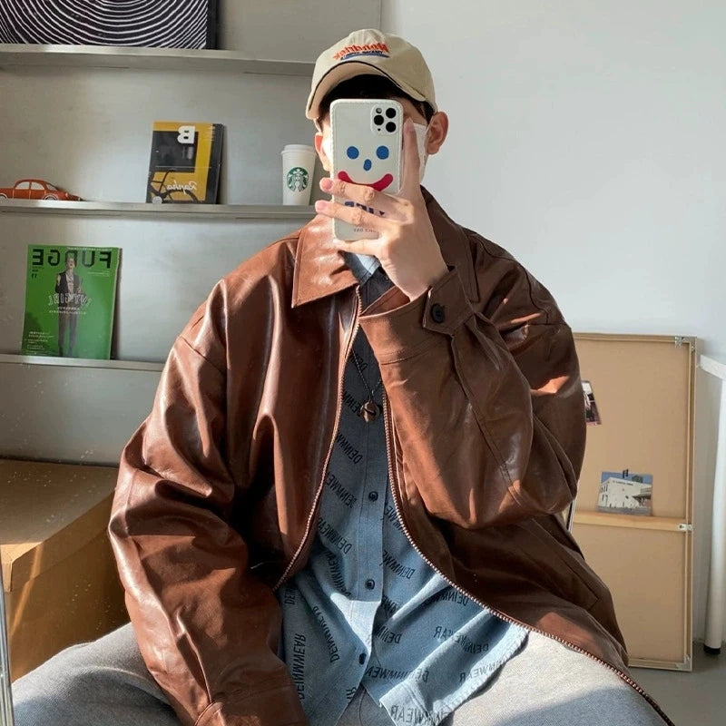 Autumn Street Trendy PU Leather Jacket Casual Textured Locomotive Zipper Turn-down Collar Solid Color Long Sleeve Men's Coats