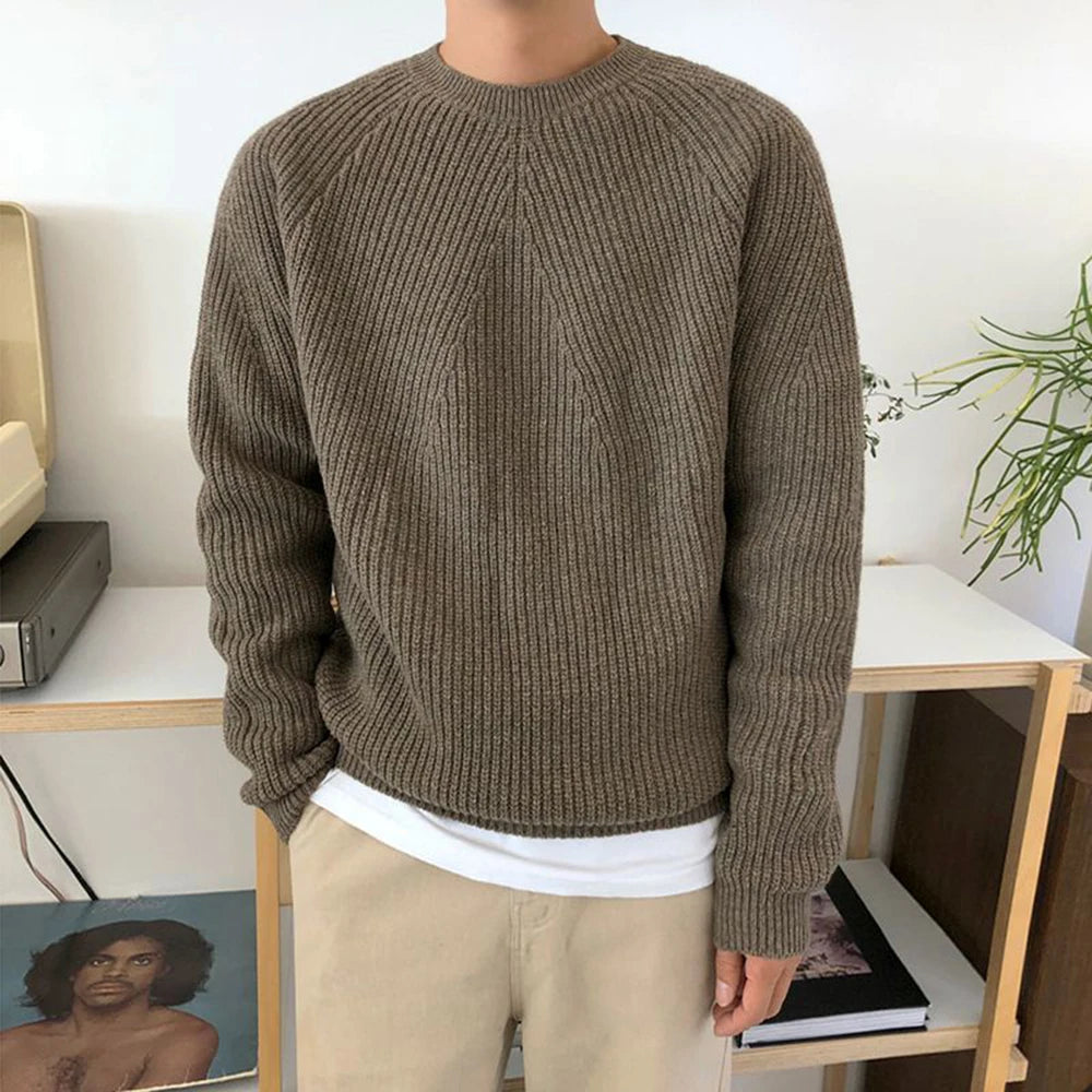 Mens Autumn Winter Korean Style Loose Round Neck Knitted Sweater Gender-Neutral Trendy Casual Solid Color Simple Sweater Unisex