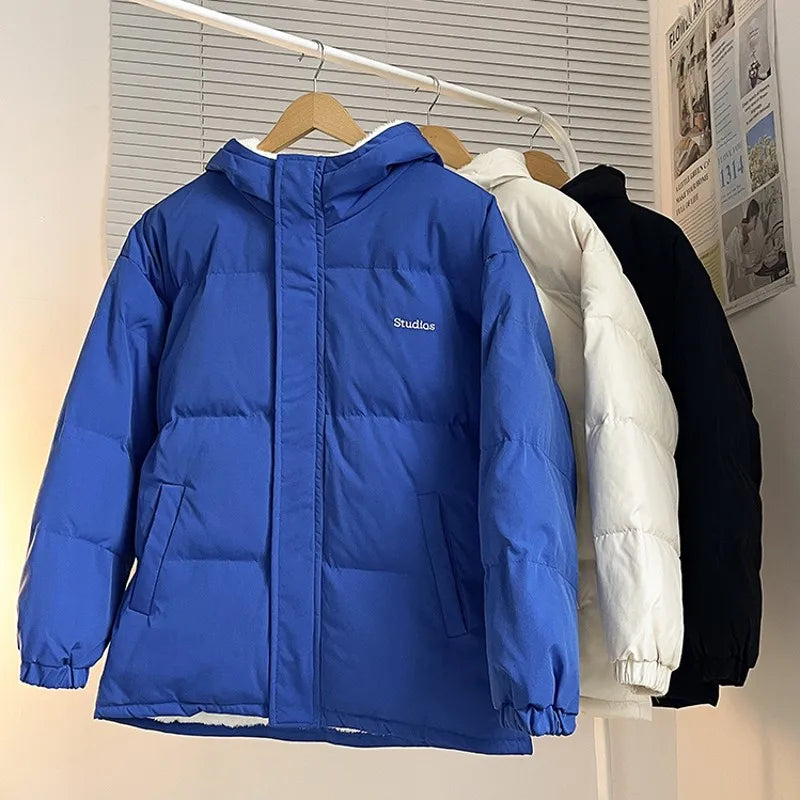 Winter Mens Hooded Parkas Quilted Jackets Man Woolly Lining Windbreaker Outerwear Warm Clothes Cotton Padded Coat Black Blue