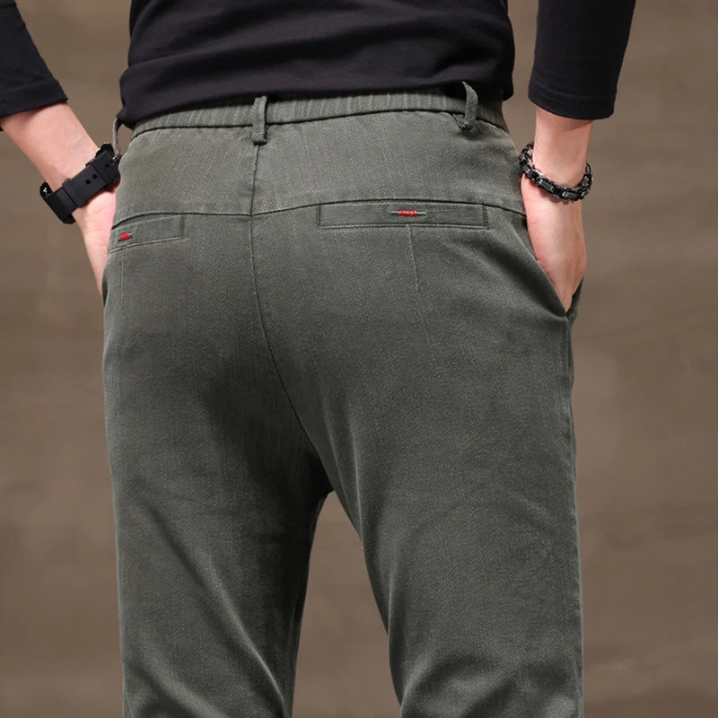 Men's Business Casual Pants Stretch Slim Fit Straight Semi-elastic Waist Trousers Solid Classic Office Work Male Clothing