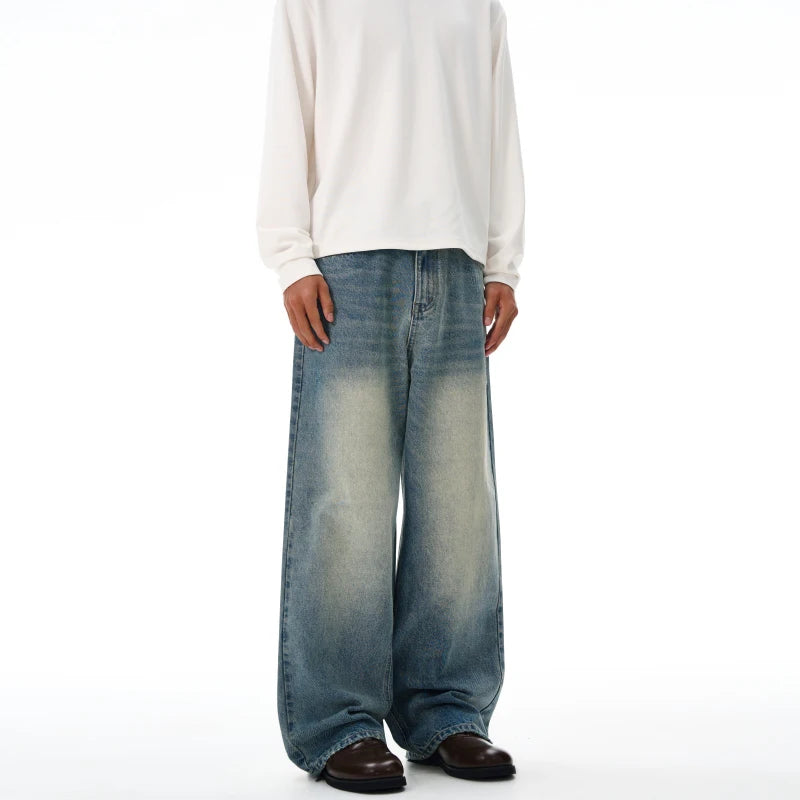 2025 Autumn Men's Wide-leg Jeans Comfortable Loose Casual Straight Trousers American Classic Retro Wash Cotton Denim Pants
