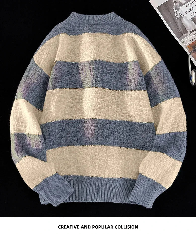 Men's New Black and White Striped Sweater Men's Autumn and Winter Loose Pullover Casual Top Men's Homestay Casual Warmth