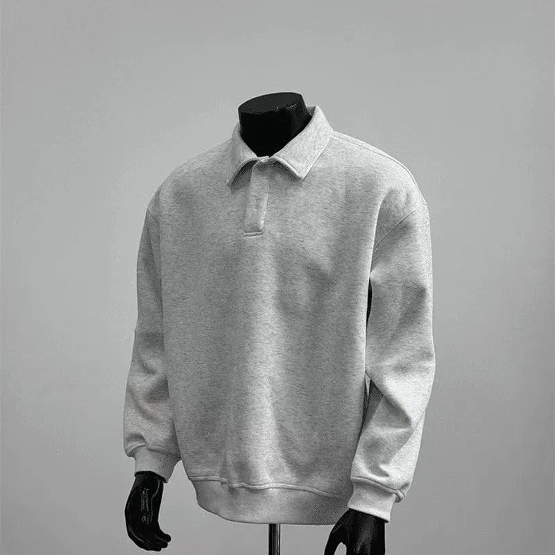 Deep Grey Polo Collar Sweatshirt Men's Spring Autumn Long Sleeve Turn Collar American Retro Jacket Loose Fit Casual Wear