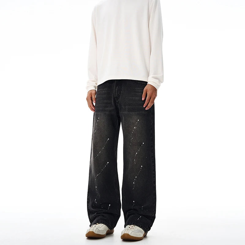 Fashion Graffiti Black Loose Wide-leg Jeans Men's Autumn New American Simple Basic Wash Denim Pants Loose Straight Trousers