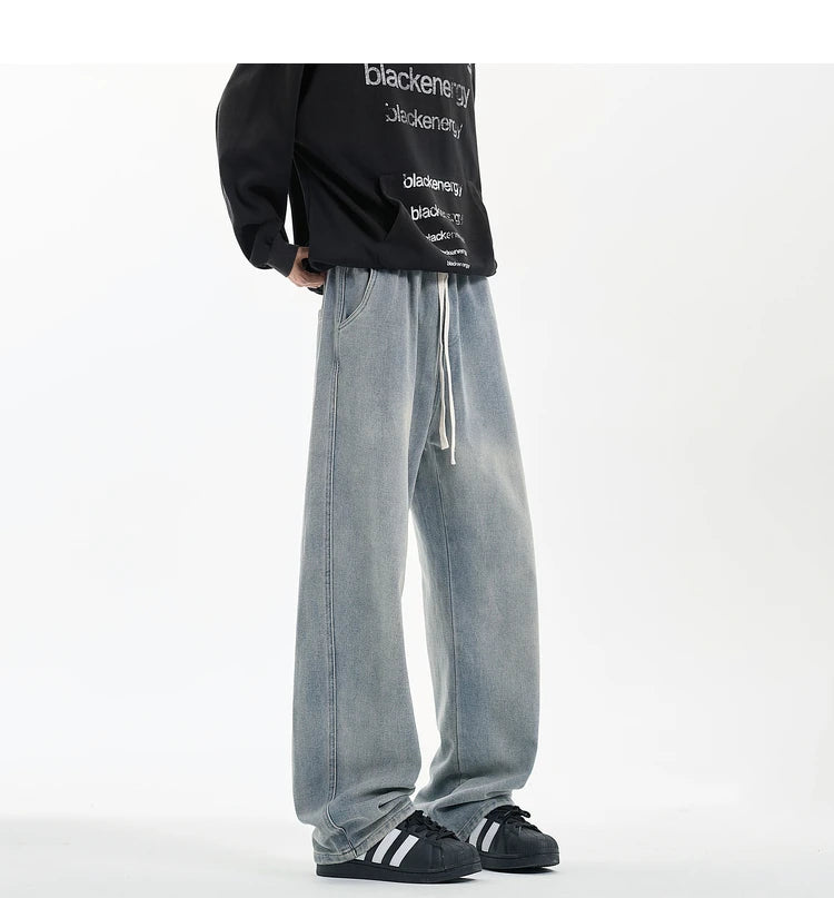 New Men's Jeans Washed Jeans Pants Unisex Drawstring Denim Pants Male Streetwear Korean Straight cylinder loose Cowboy Trousers
