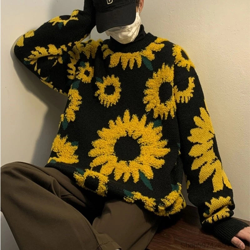 Sweater Winter Sunflower Warm Baggy Fashion Male O-Neck big Pullovers Sweater Men Loose Casual Sweater Thick Knitted Unisex