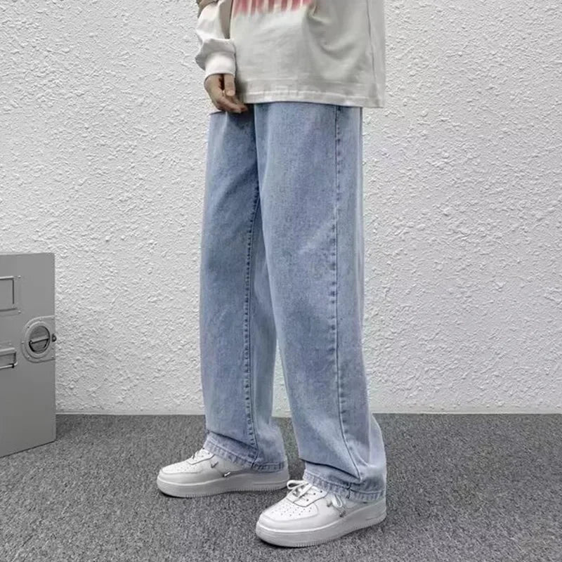 Men Straight-leg Men Jeans Male Baggy Streetwear Wide Leg Denim Pants Hip Hop Style Washed Jeans with Pockets Classic Straight